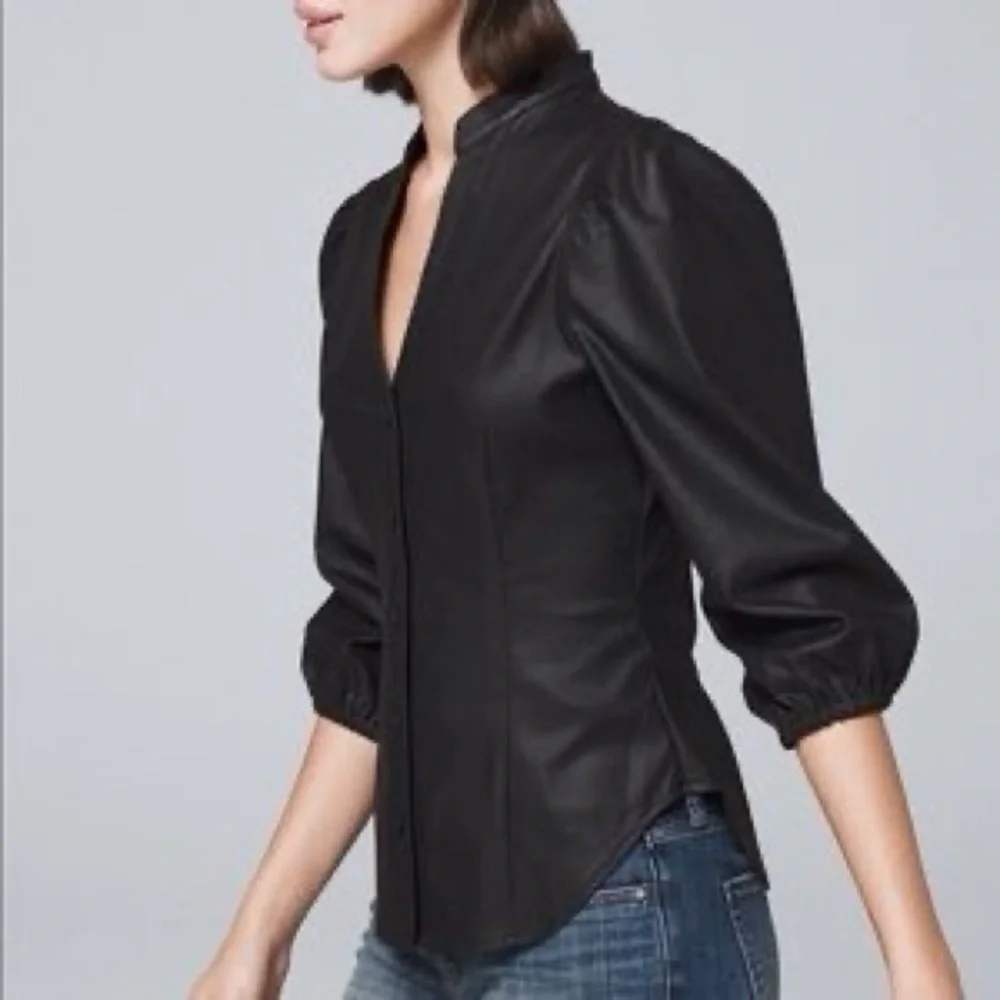 White House Black Market Coated Denim Puff Sleeve Blouse - Picture 2 of 10